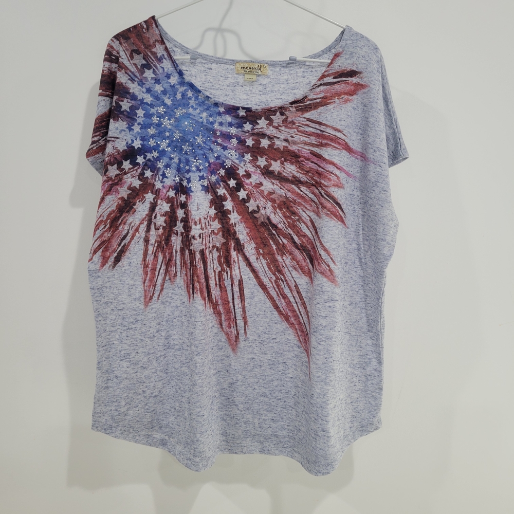 ONE WORLD Tee with Patriotic Red and Blue Firework / Size 1X